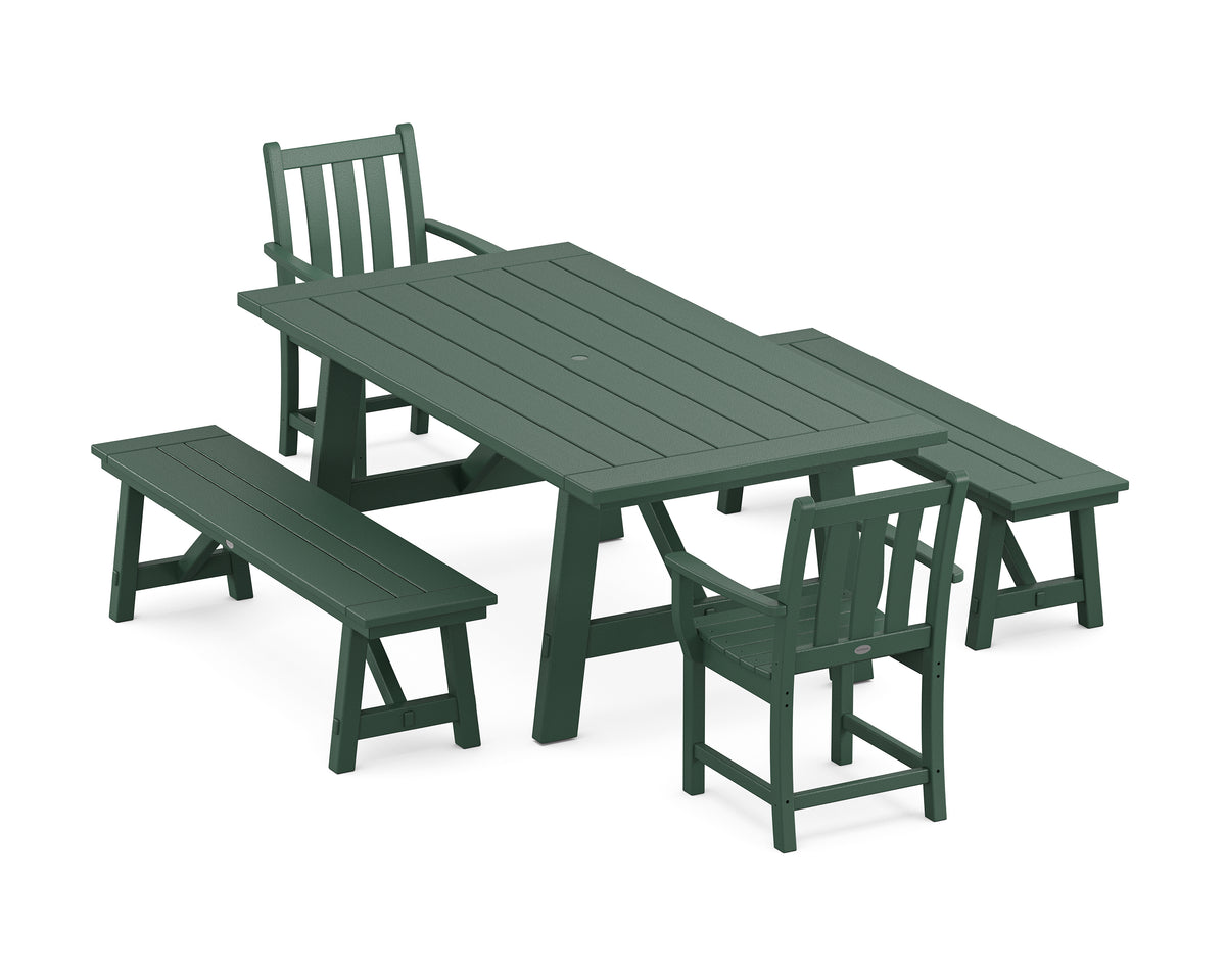 POLYWOOD Traditional Garden 5-Piece Rustic Farmhouse Dining Set with Benches in Green