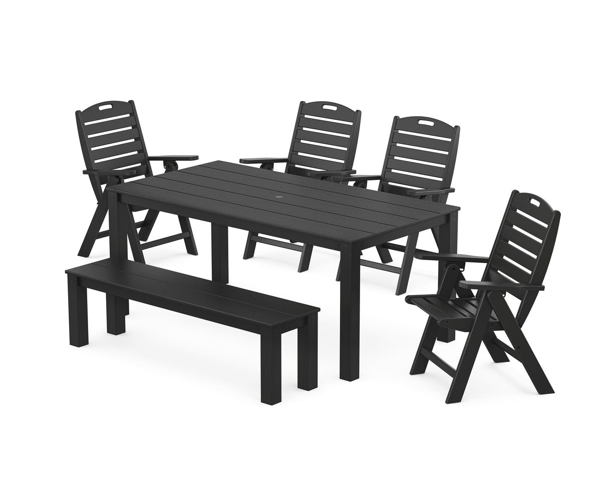 POLYWOOD Nautical Folding Highback Chair 6-Piece Parsons Dining Set with Bench in Black