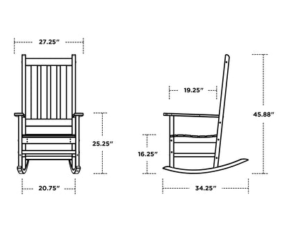 POLYWOOD Vineyard Porch Rocking Chair dimension drawing with width, depth and height measurements