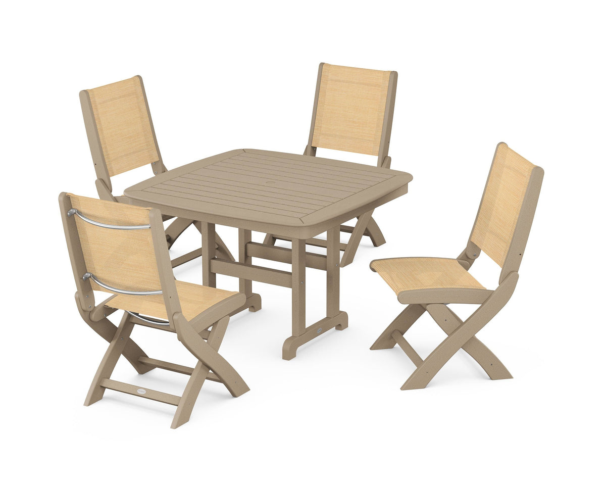POLYWOOD Coastal Folding Side Chair 5-Piece Dining Set with Nautical 44" Dining Table in Vintage Sahara / Dupioni Apricot