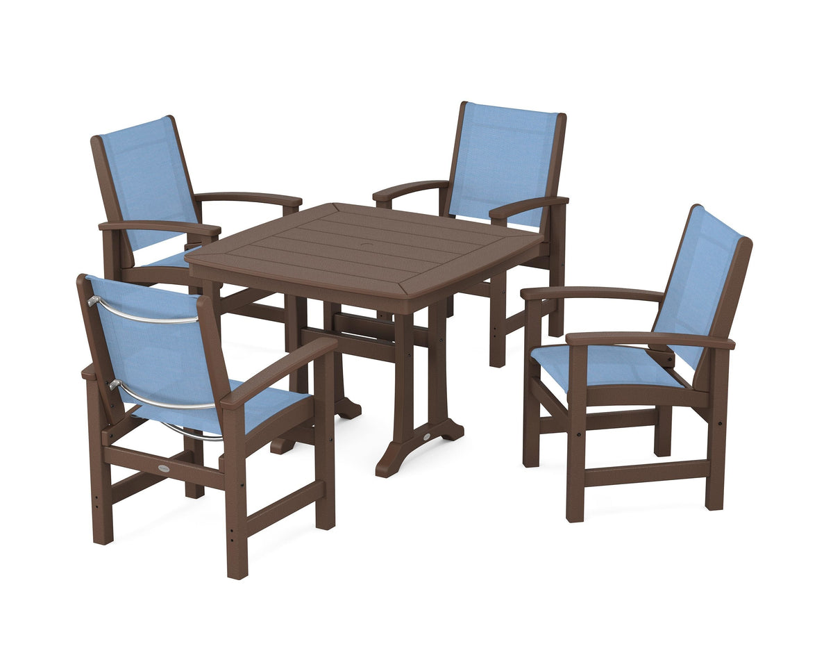 POLYWOOD Coastal 5-Piece Dining Set with Trestle Legs with Nautical Trestle 37" Dining Table in Mahogany / Poolside