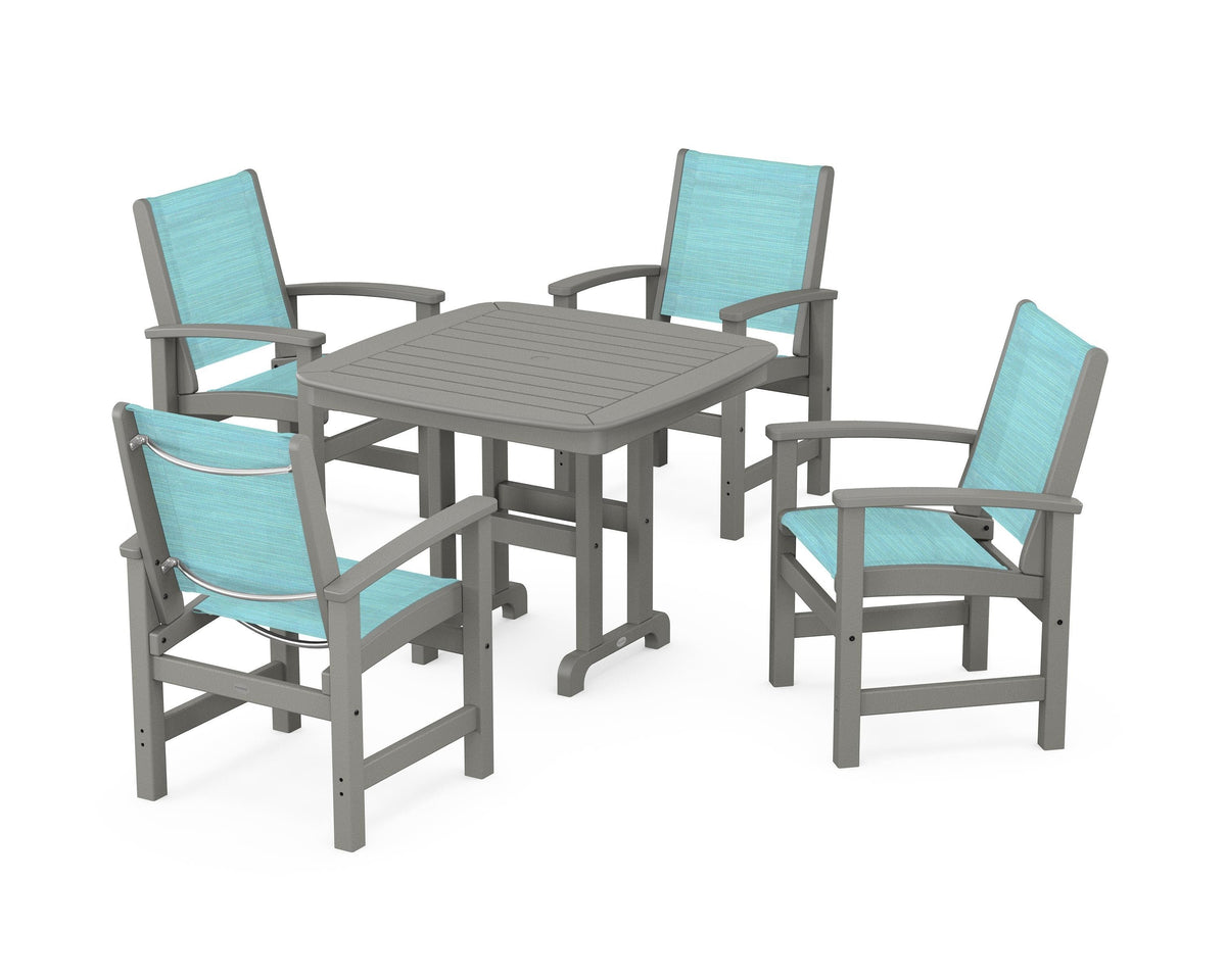 POLYWOOD Coastal 5-Piece Dining Set with Nautical 37" Dining Table in Slate Grey / Dupioni Aquamarine