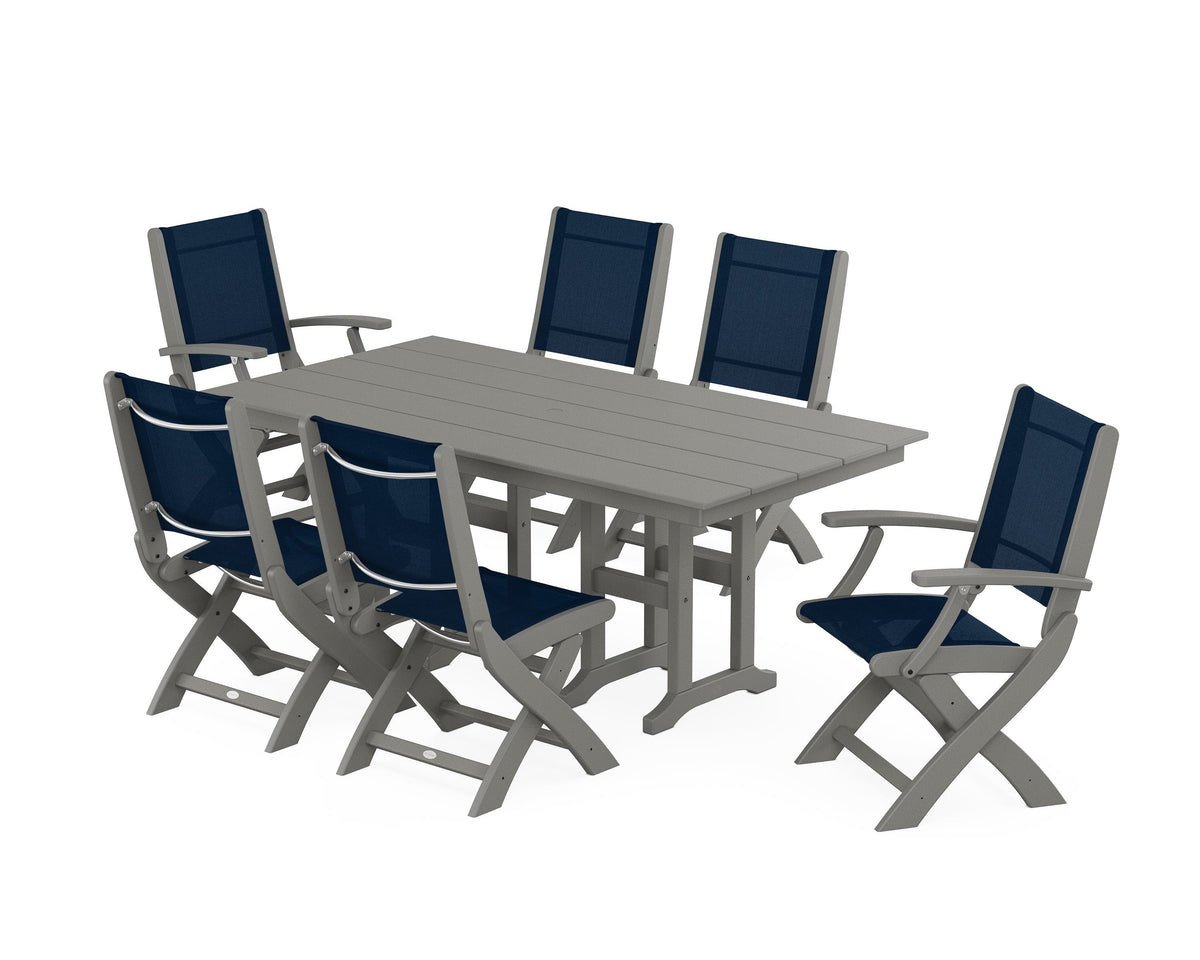 POLYWOOD Coastal Folding Chair 7-Piece Farmhouse Dining Set in Slate Grey / Navy Blue