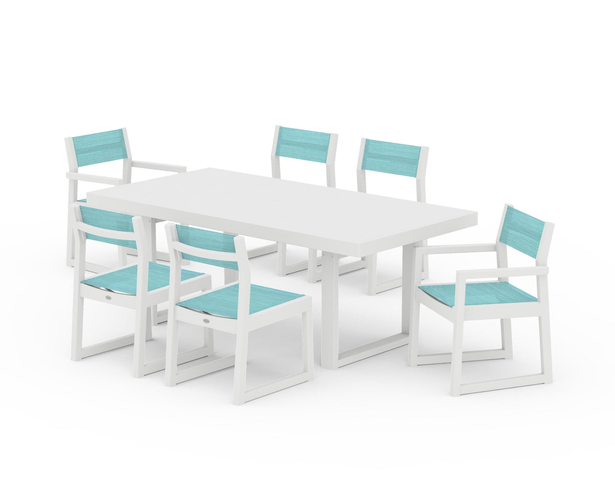 POLYWOOD EDGE Sling 7-Piece Dining Set in White / Dupioni Aquamarine