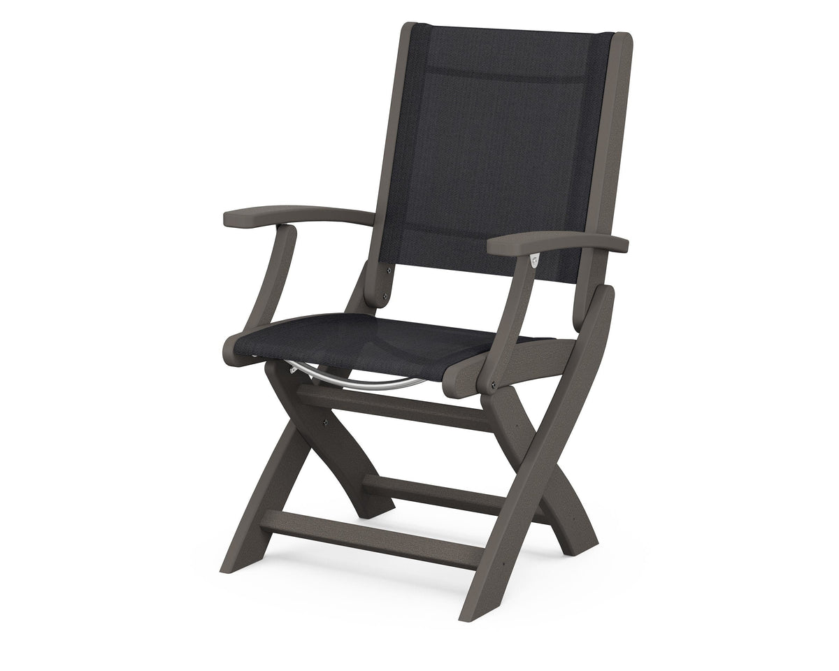 POLYWOOD Coastal Folding Chair in Vintage Coffee with Vintage Coffee arms and Black sling