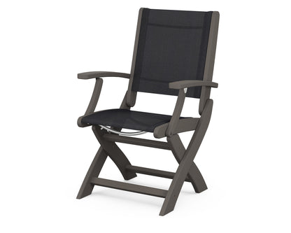 POLYWOOD Coastal Folding Chair in Vintage Coffee with Vintage Coffee arms and Black sling