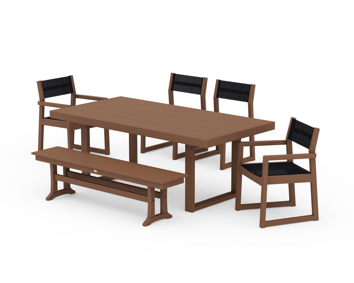 POLYWOOD EDGE Sling 6-Piece Dining Set with Bench in Teak / Black