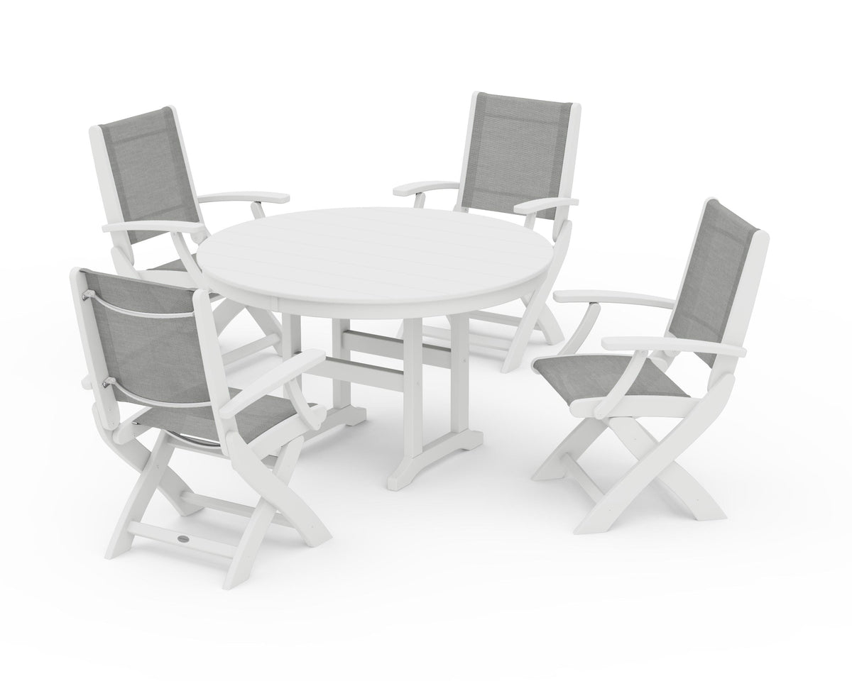 POLYWOOD Coastal Folding Chair 5-Piece Round Dining Set in White / Metallic