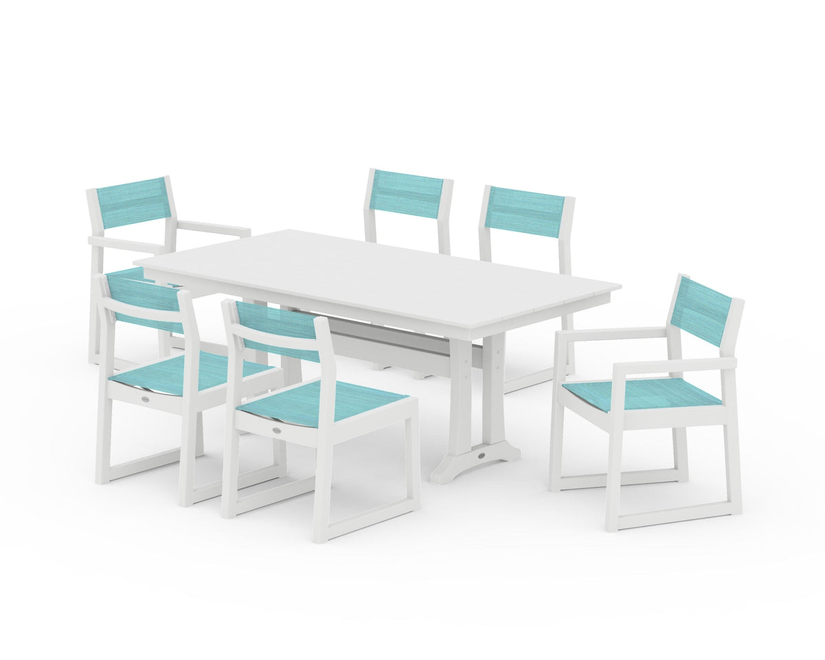 POLYWOOD EDGE Sling 7-Piece Farmhouse Trestle Dining Set in White / Dupioni Aquamarine