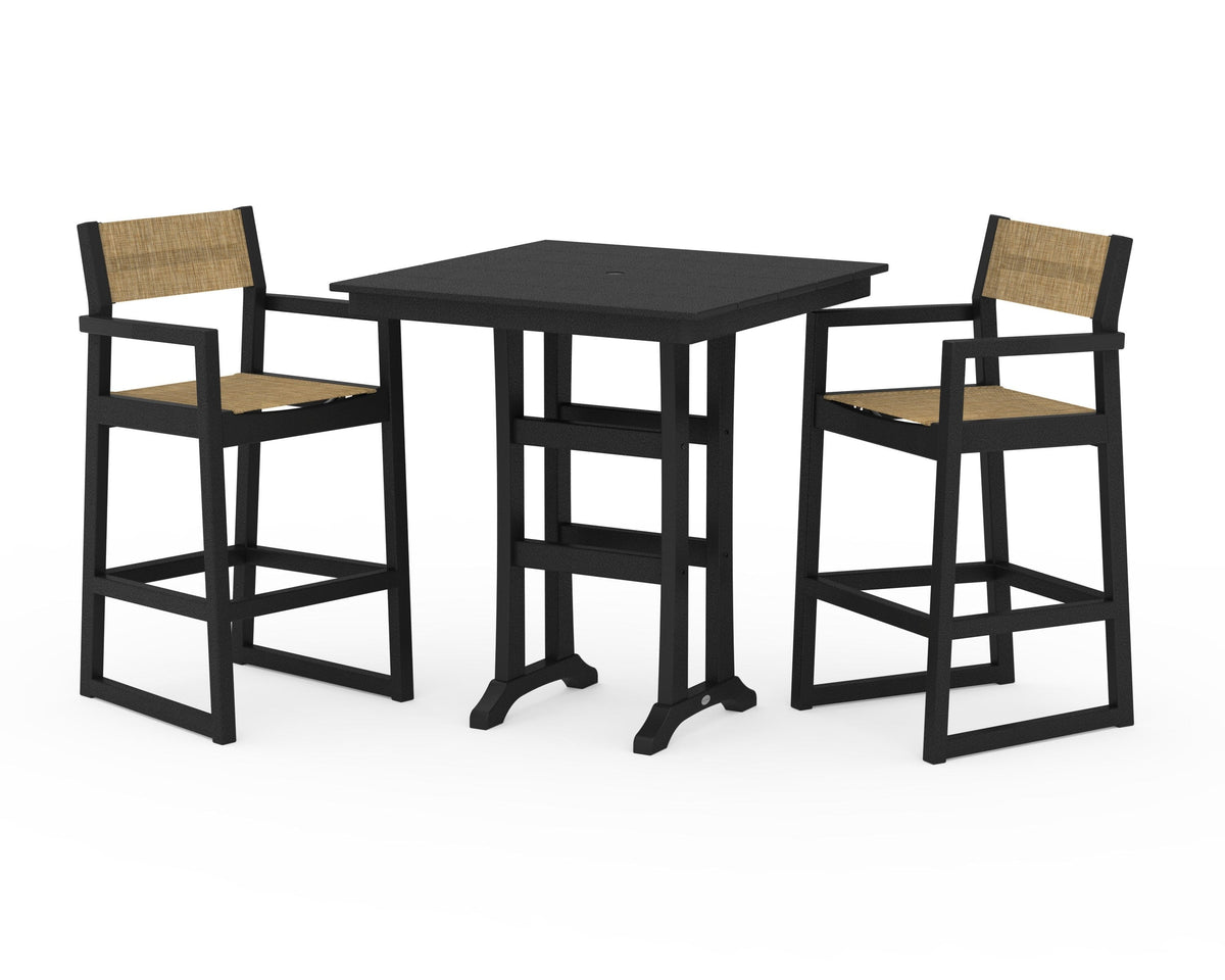 POLYWOOD EDGE Sling Arm Chair 3-Piece Farmhouse Bar Set with Trestle Legs in Black / Burlap