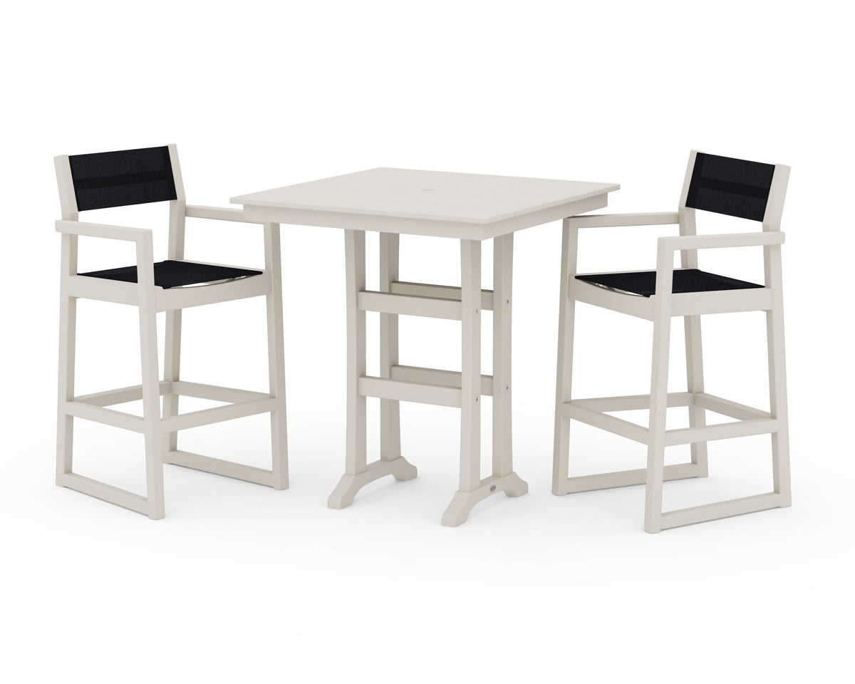 POLYWOOD EDGE Sling Arm Chair 3-Piece Farmhouse Bar Set with Trestle Legs in Sand / Black