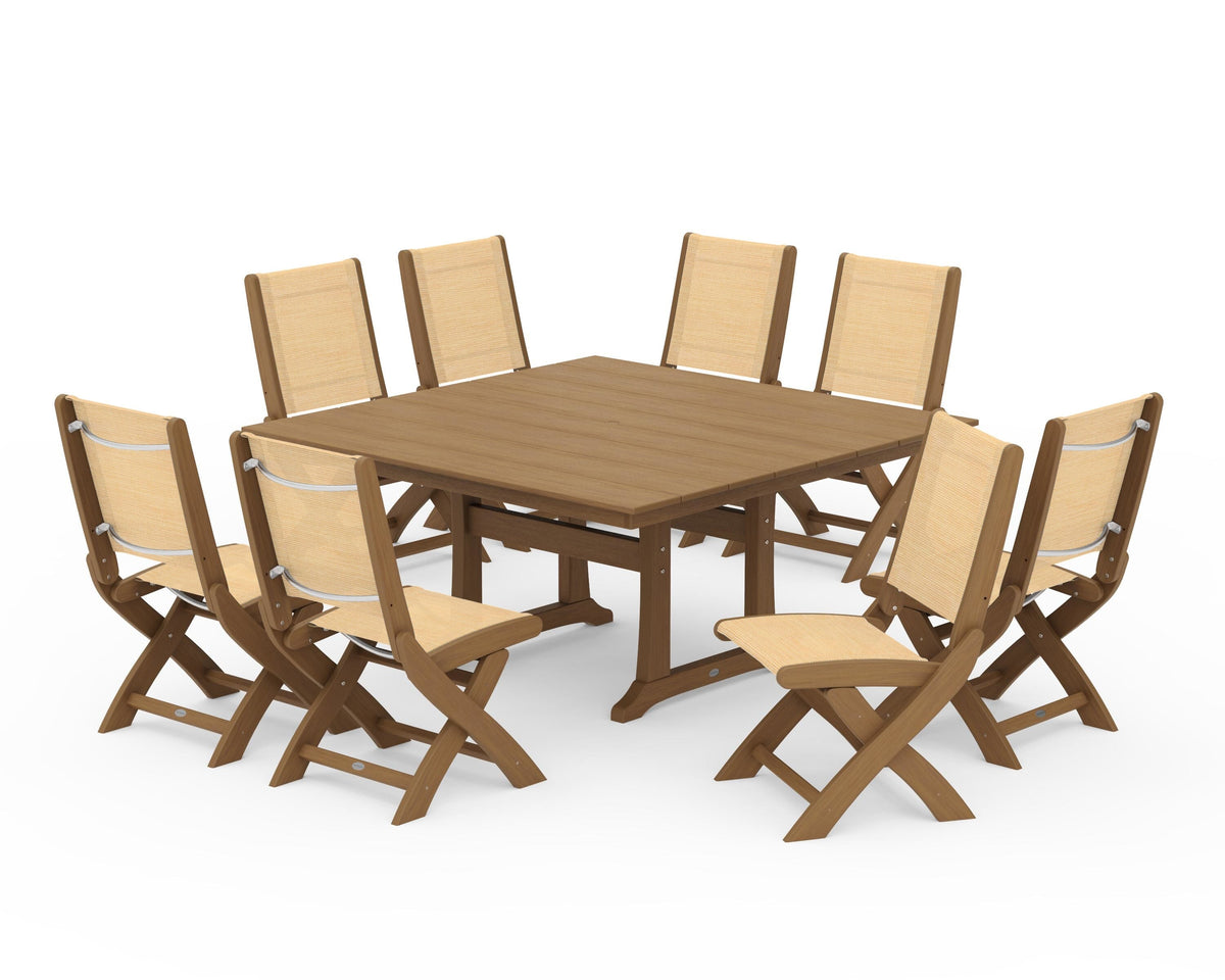 POLYWOOD Coastal Folding Side Chair 9-Piece Farmhouse Dining Set in Natural / Dupioni Apricot