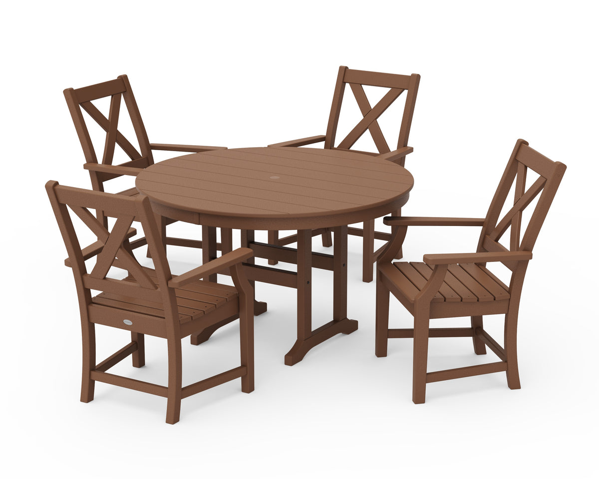 POLYWOOD Braxton 5-Piece Round Farmhouse Dining Set in Teak