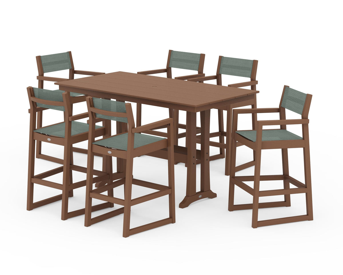 POLYWOOD EDGE Sling Arm Chair 7-Piece Farmhouse Bar Set with Trestle Legs in Teak / Dupioni Sea Mist