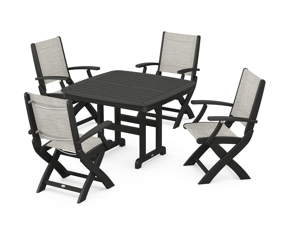 POLYWOOD Coastal Folding Chair 5-Piece Dining Set with Nautical 44" Dining Table in Black / Birch