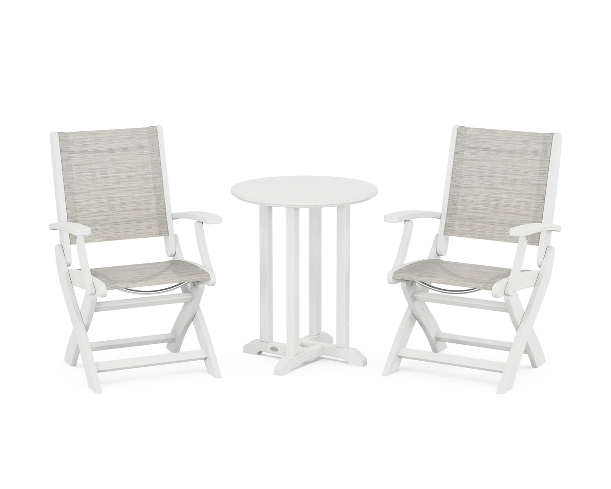 POLYWOOD Coastal Folding 3-Piece Round Bistro Dining Set in White / Birch