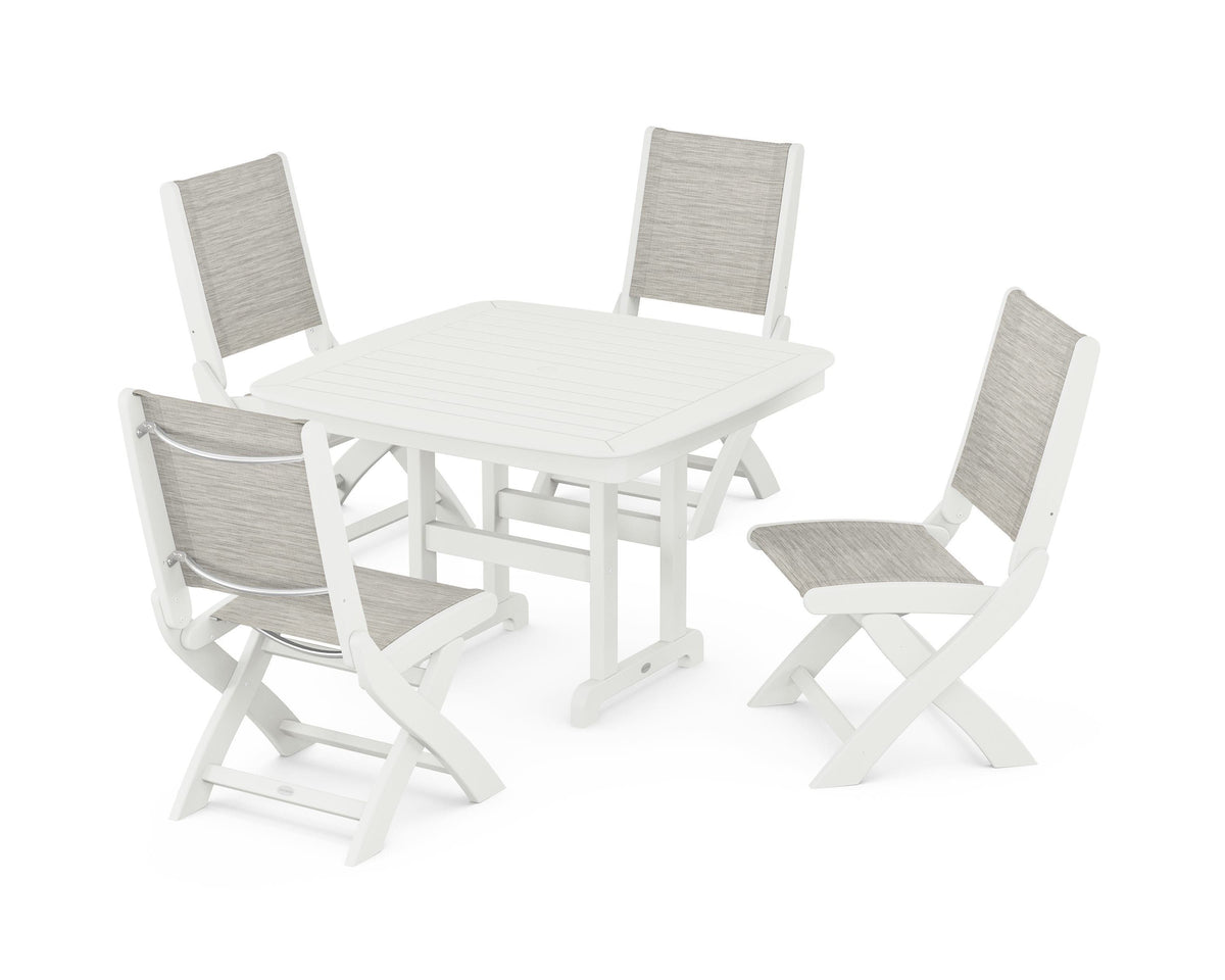 POLYWOOD Coastal Folding Side Chair 5-Piece Dining Set with Nautical 44" Dining Table in Vintage White / Birch