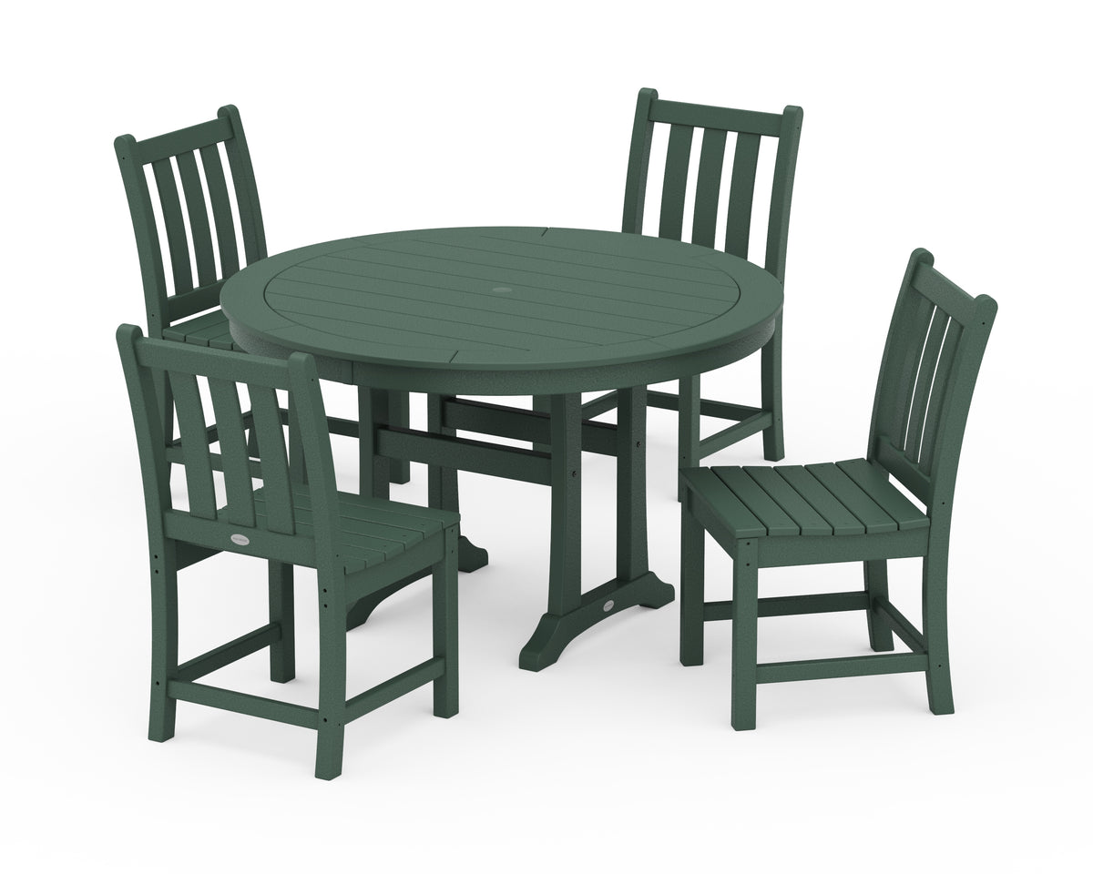 POLYWOOD Traditional Garden Side Chair 5-Piece Round Dining Set with Trestle Legs in Green