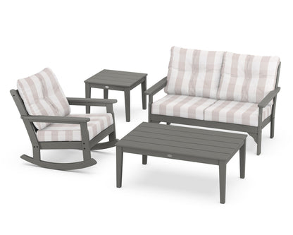 POLYWOOD Vineyard 4-Piece Deep Seating Rocker Set in Slate Grey / Buffalo Plaid Dune Burlap