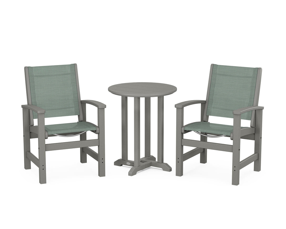 POLYWOOD Coastal 3-Piece Round Bistro Dining Set in Slate Grey / Dupioni Sea Mist