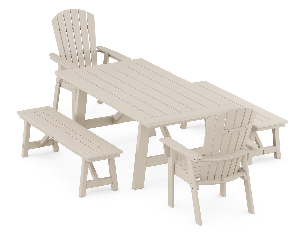 POLYWOOD Nautical Curveback Adirondack 5-Piece Rustic Farmhouse Dining Set with Benches in Sand