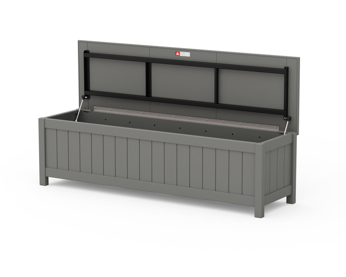 Angled view of the POLYWOOD Vineyard 60" Storage Bench in Slate Grey