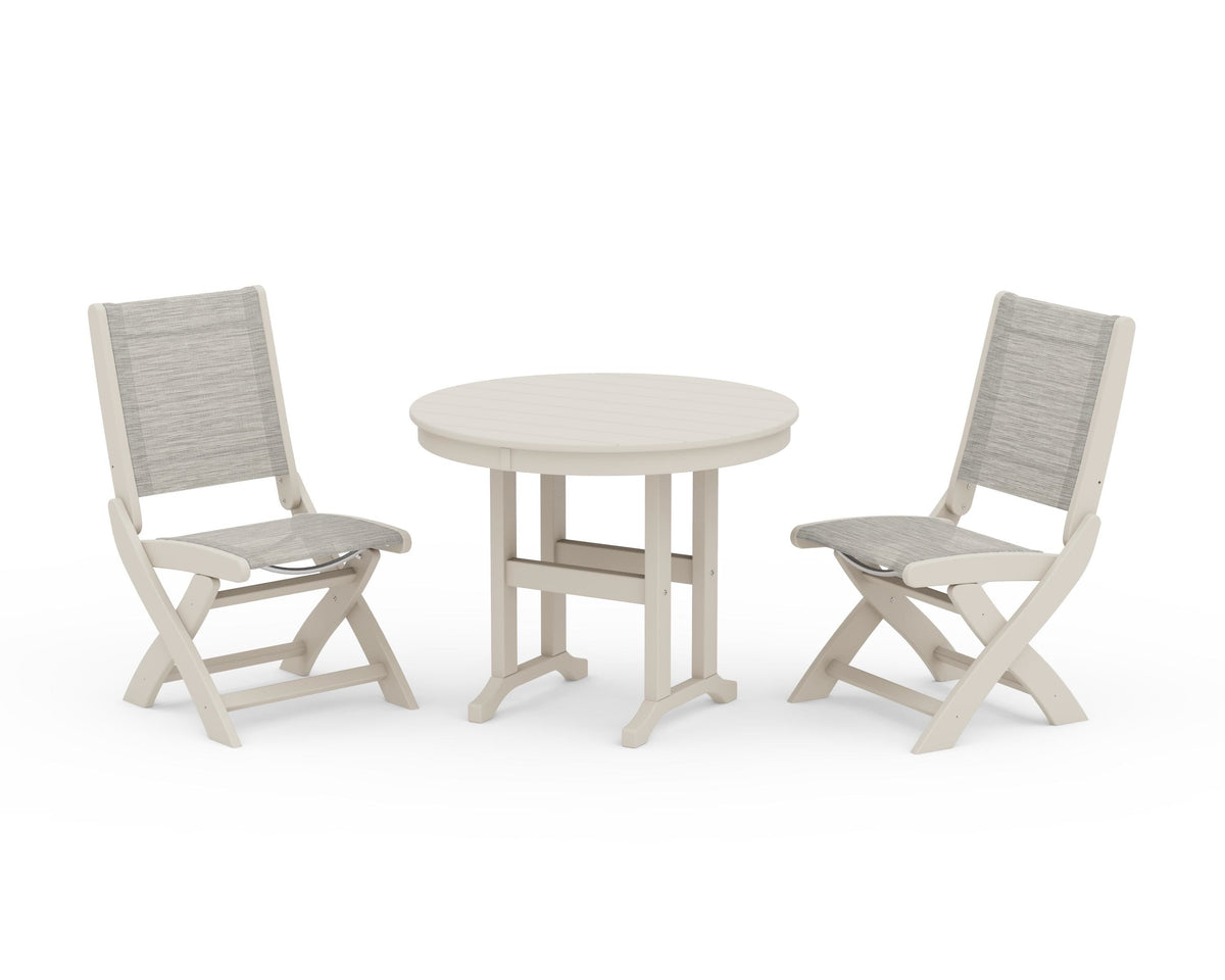 POLYWOOD Coastal Folding Side Chair 3-Piece Round Dining Set in Sand / Birch
