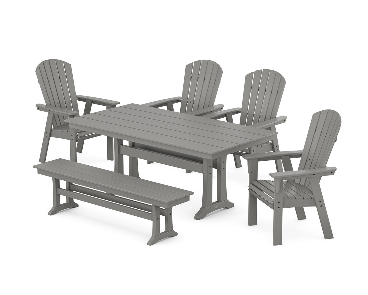 POLYWOOD Nautical Curveback Adirondack 6-Piece Farmhouse Dining Set with Trestle Legs and Bench in Slate Grey