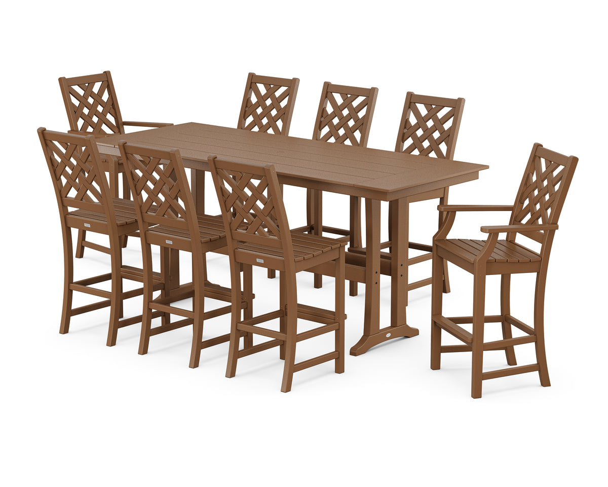 POLYWOOD Country Living Wovendale 9-Piece Farmhouse Bar Set with Trestle Legs in Teak