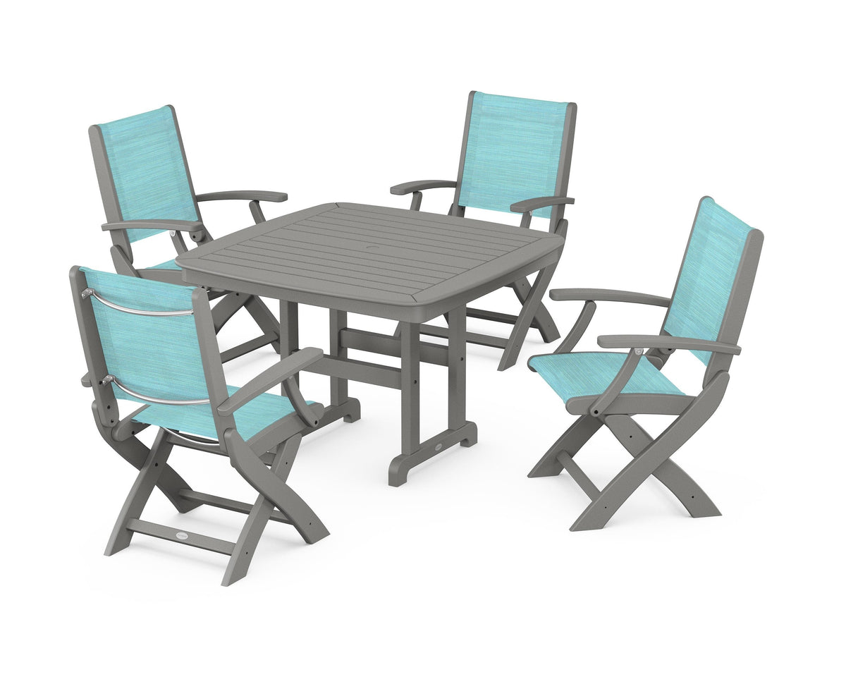 POLYWOOD Coastal Folding Chair 5-Piece Dining Set with Nautical 44" Dining Table in Slate Grey / Dupioni Aquamarine