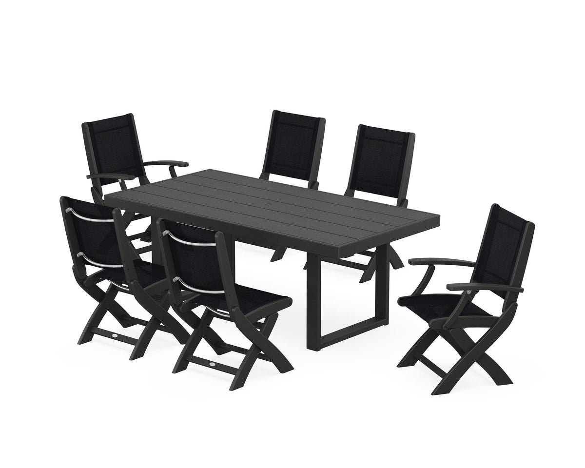 POLYWOOD Coastal Folding Chair 7-Piece Dining Set with Trestle Legs with EDGE 40" x 78" Dining Table in Black / Black