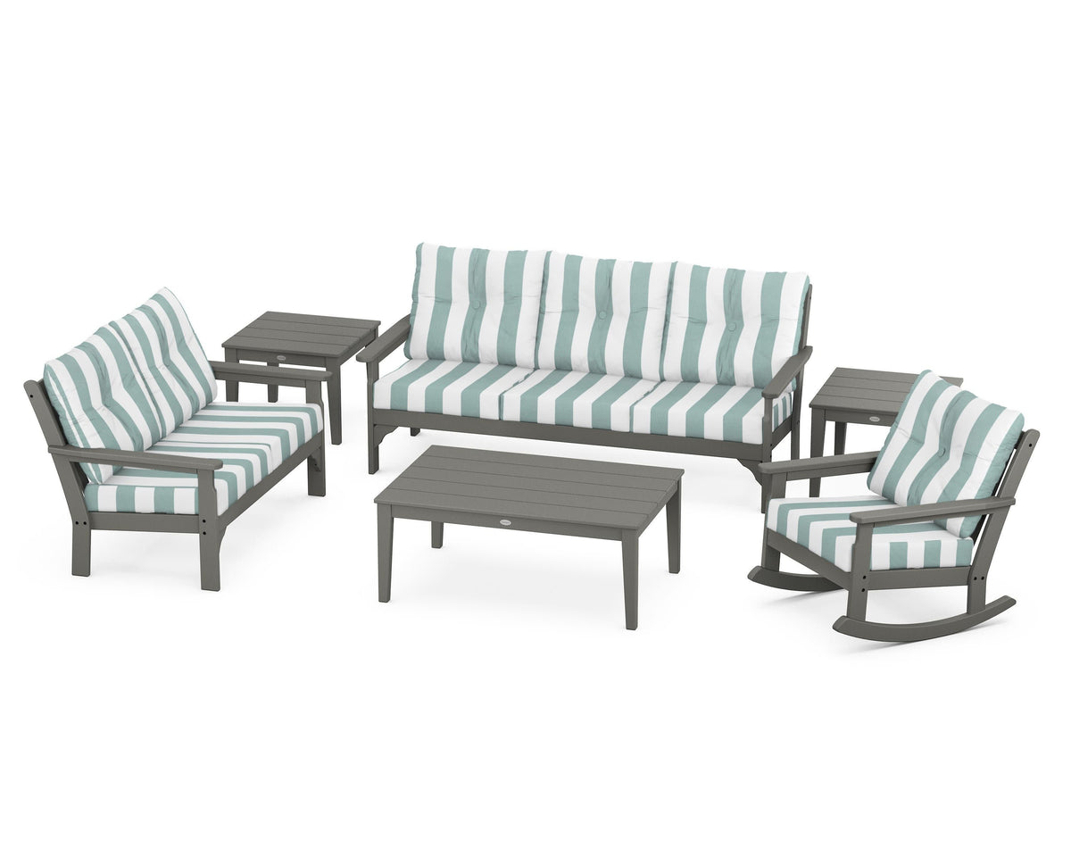 POLYWOOD Vineyard 6-Piece Deep Seating Set with Rocking Chair in Slate Grey / Cabana Stripe Glacier Spa