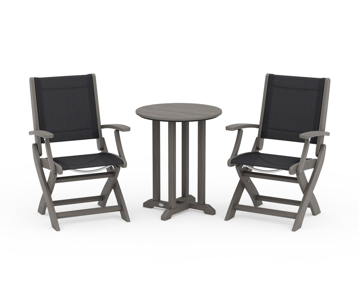 POLYWOOD Coastal Folding 3-Piece Round Bistro Dining Set in Driftwood / Black