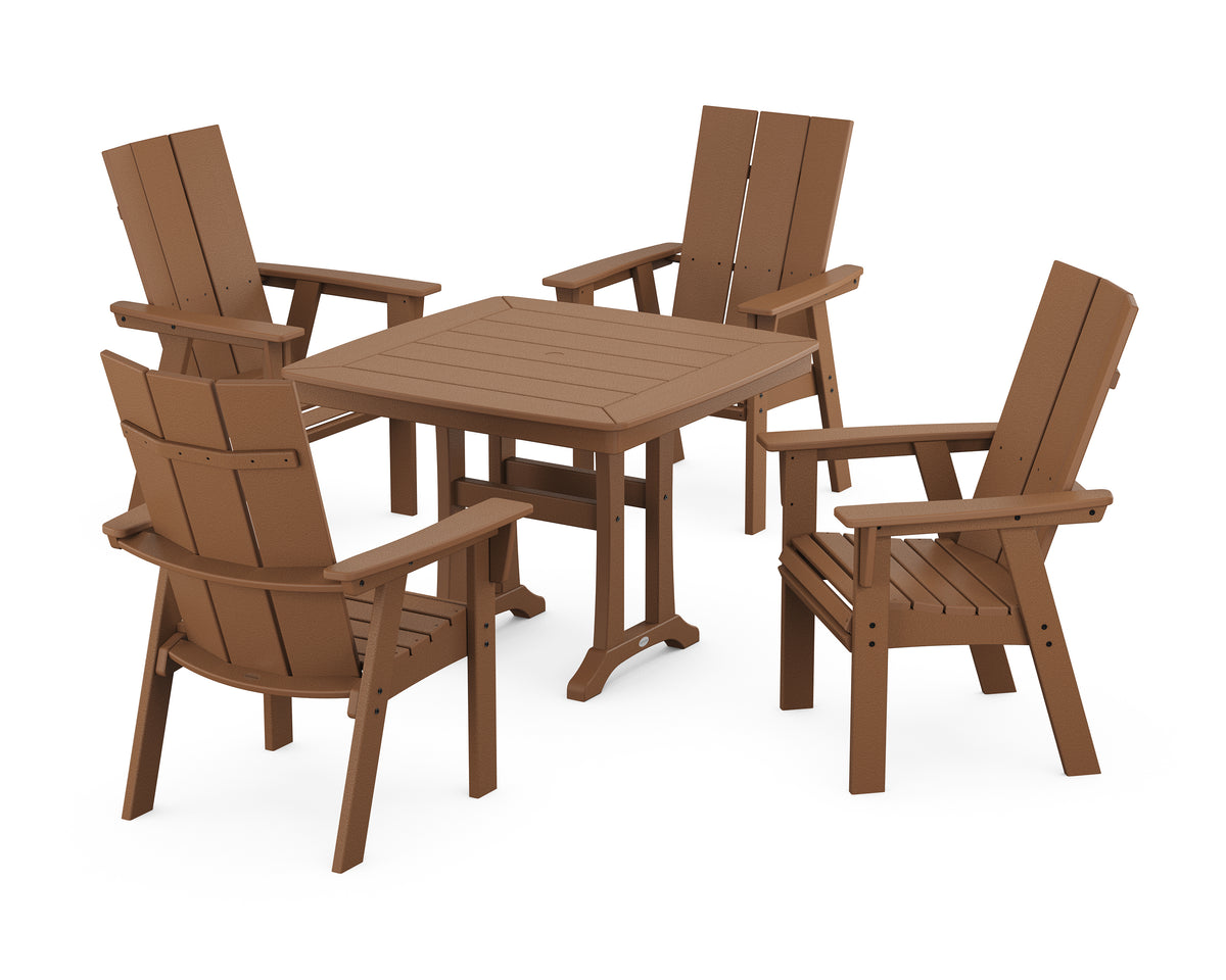POLYWOOD Modern Adirondack 5-Piece Dining Set with Trestle Legs with Modern Curveback Adirondack Dining Chair in Teak