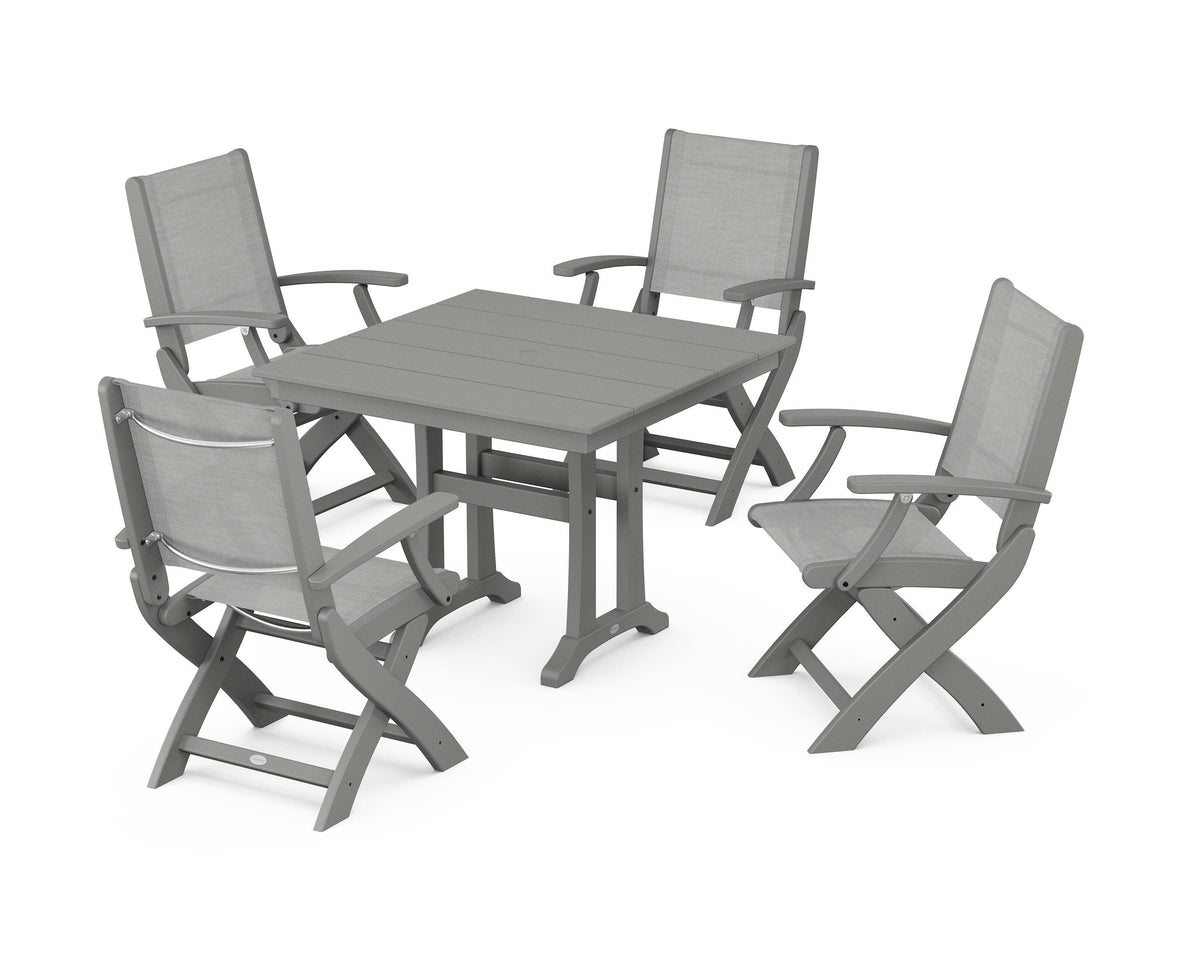 POLYWOOD Coastal Folding Chair 5-Piece Farmhouse Dining Set With Trestle Legs in Slate Grey / Metallic