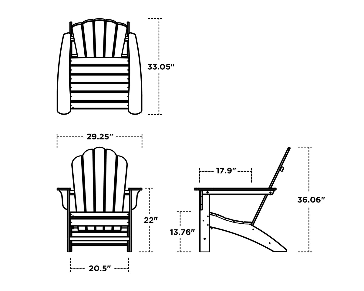 POLYWOOD Cottage Adirondack Chair dimension drawing with width, depth and height measurements