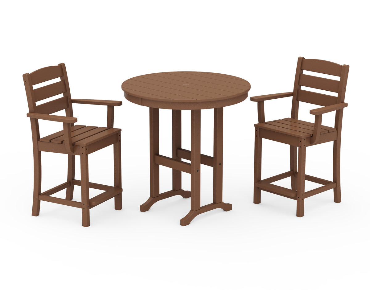 POLYWOOD Lakeside 3-Piece Round Farmhouse Arm Chair Counter Set in Teak