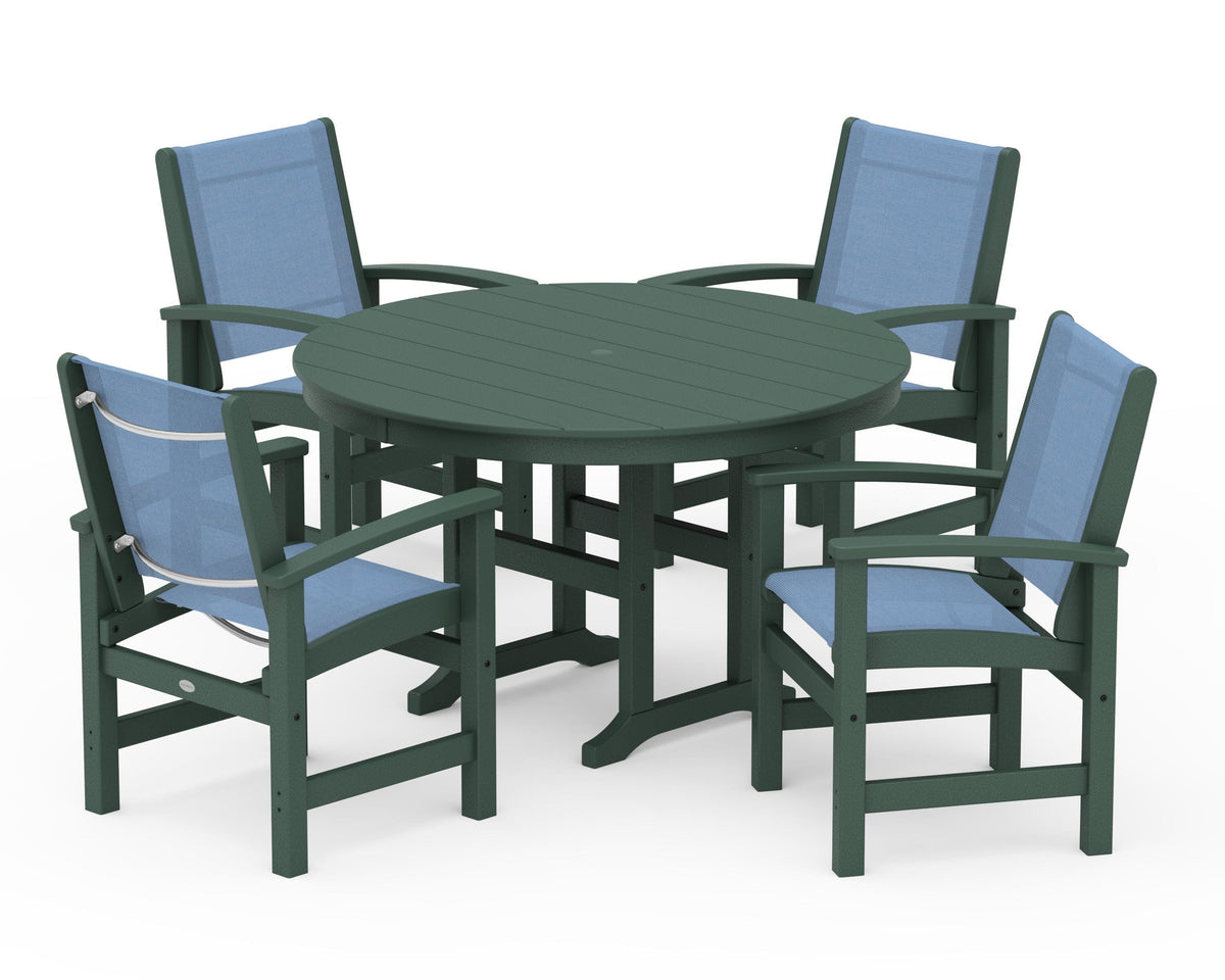 POLYWOOD Coastal 5-Piece Round Farmhouse Dining Set in Green / Poolside