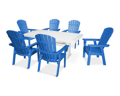 POLYWOOD Nautical Curveback Adirondack 7-Piece Dining Set with Trestle Legs in Pacific Blue / White