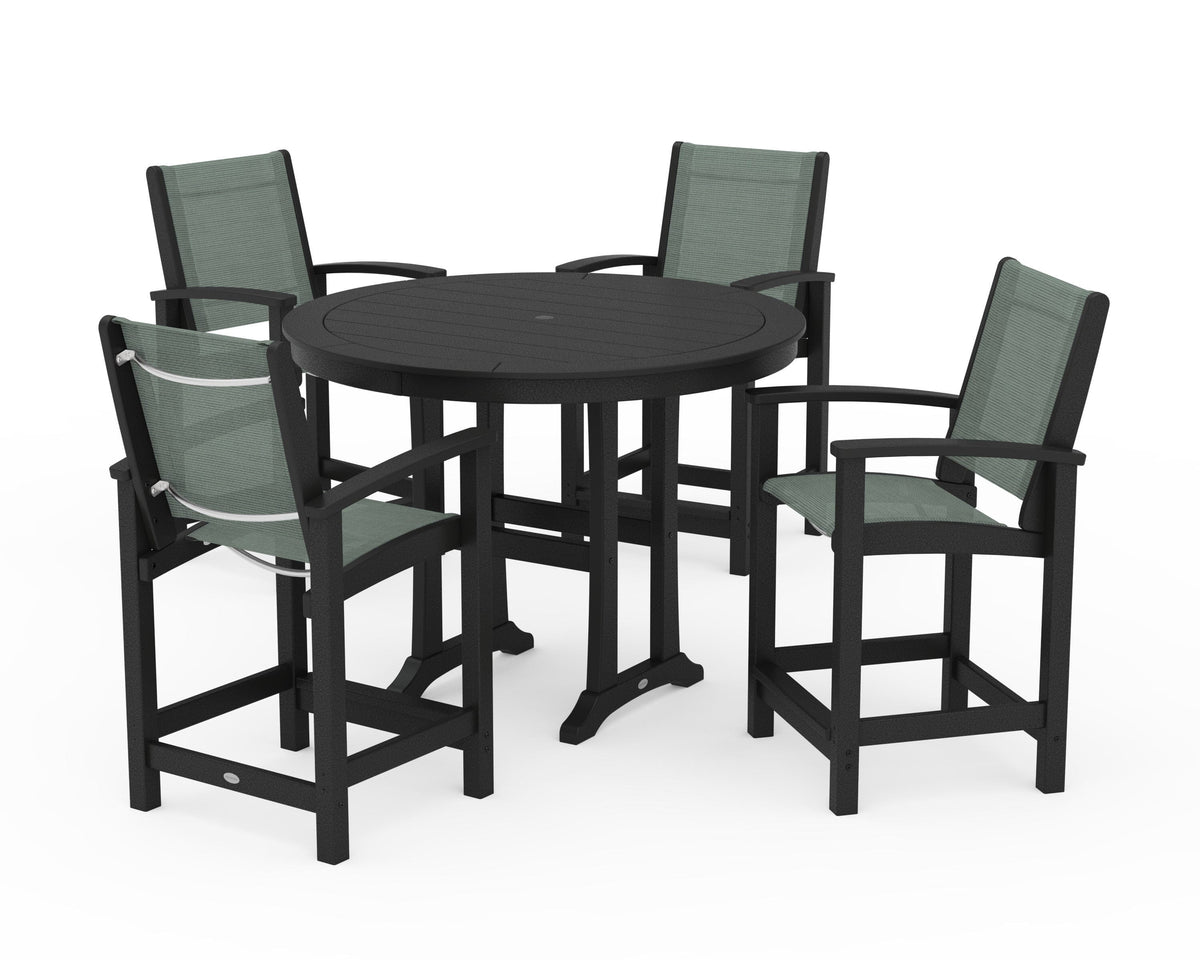 POLYWOOD Coastal 5-Piece Counter Set in Black / Dupioni Sea Mist