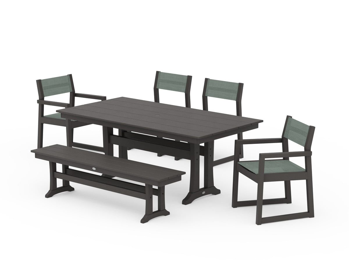 POLYWOOD EDGE Sling 6-Piece Farmhouse Dining Set With Trestle Legs in Vintage Coffee / Dupioni Sea Mist