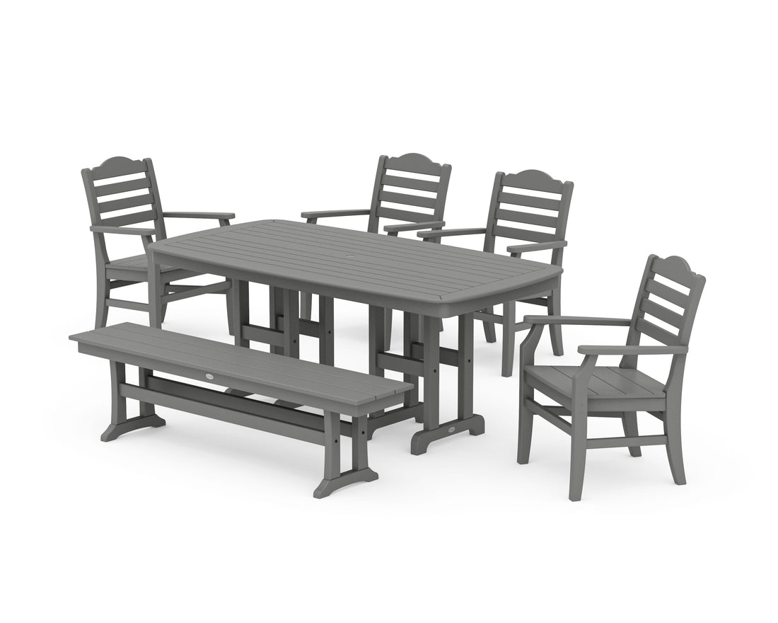 POLYWOOD Savannah 6-Piece Farmhouse Dining Set with Bench with Nautical 37" x 72" Dining Table in Slate Grey