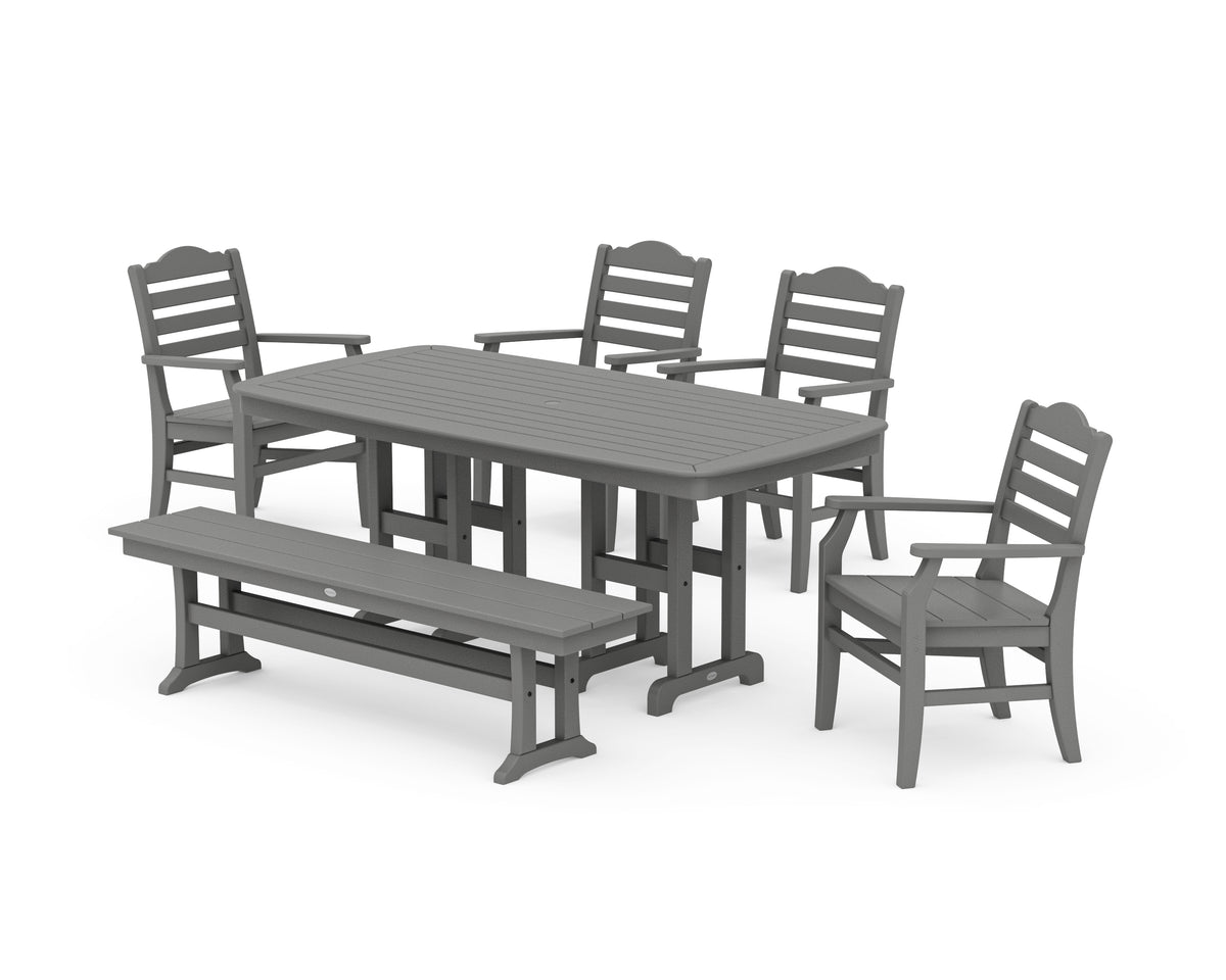 POLYWOOD Savannah 6-Piece Farmhouse Dining Set with Bench with Nautical 37" x 72" Dining Table in Slate Grey