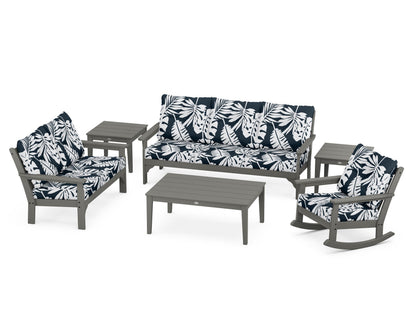 POLYWOOD Vineyard 6-Piece Deep Seating Set with Rocking Chair in Slate Grey / Leaf Marine Indigo