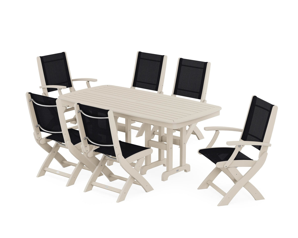 POLYWOOD Coastal Folding Chair 7-Piece Dining Set in Sand / Black