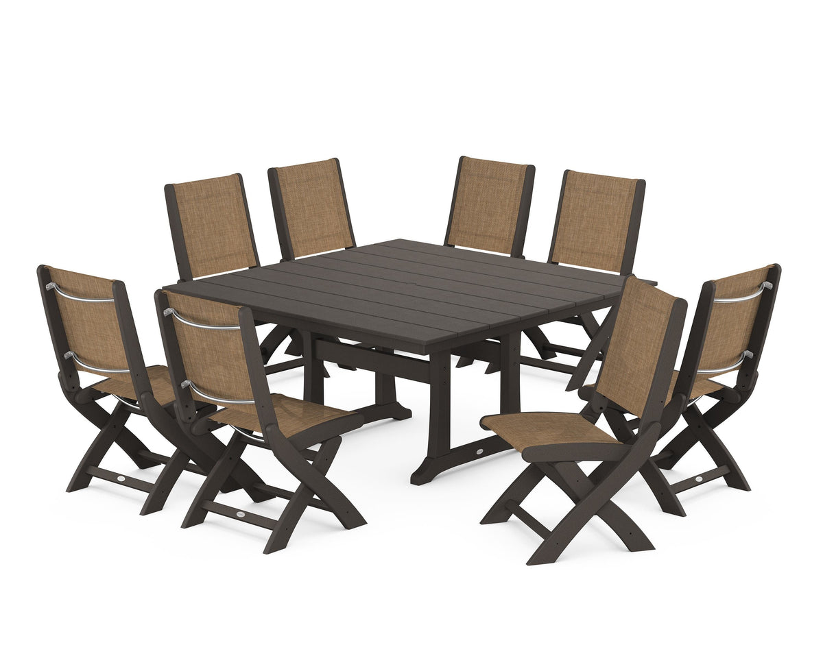 POLYWOOD Coastal Folding Side Chair 9-Piece Farmhouse Dining Set in Vintage Coffee / Burlap