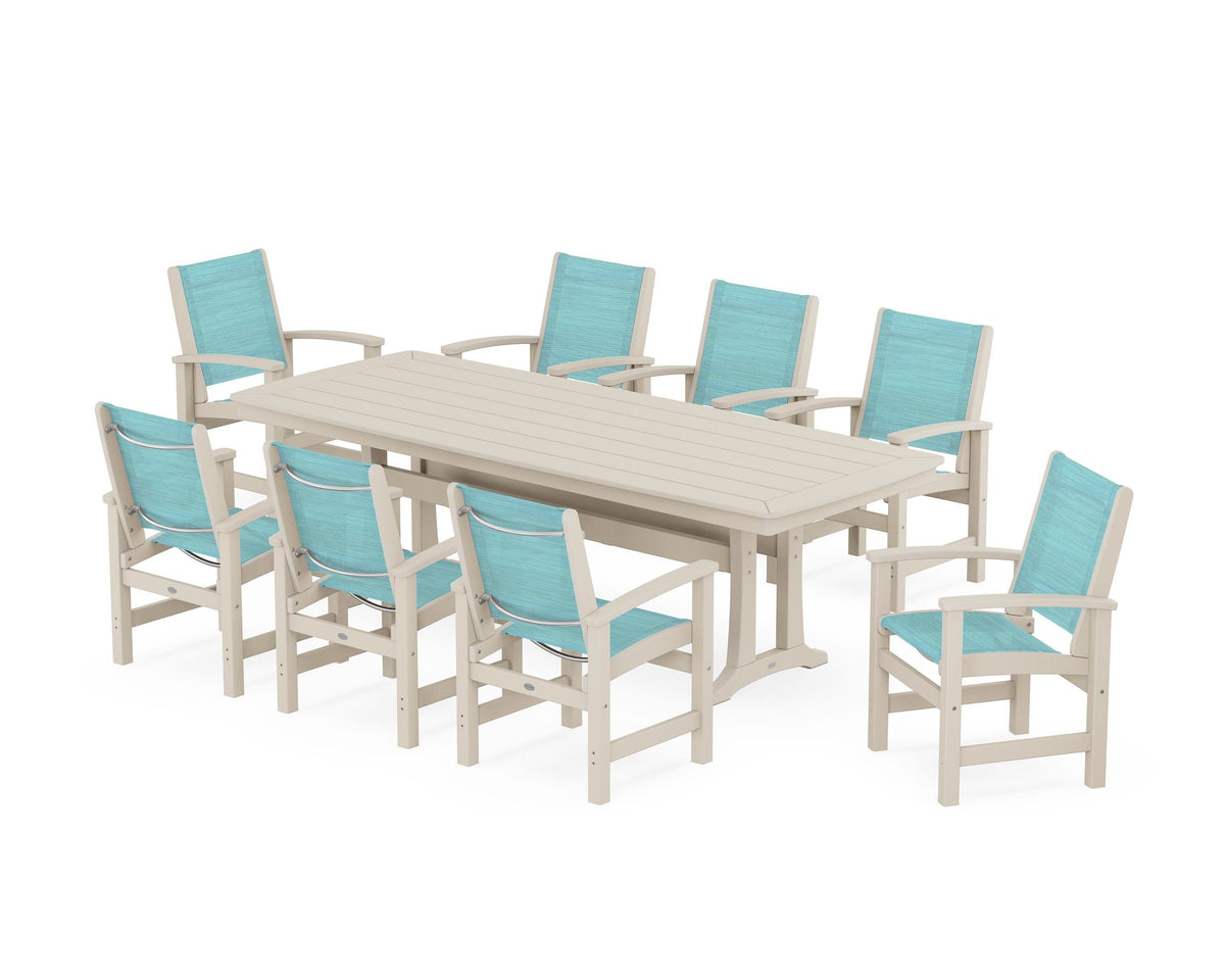 POLYWOOD Coastal 9-Piece Dining Set with Trestle Legs in Sand / Dupioni Aquamarine