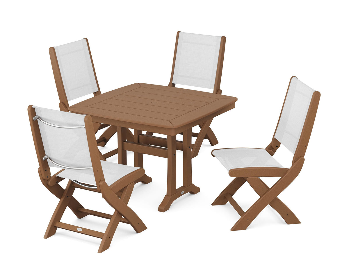 POLYWOOD Coastal Folding Side Chair 5-Piece Dining Set with Trestle Legs in Teak / White