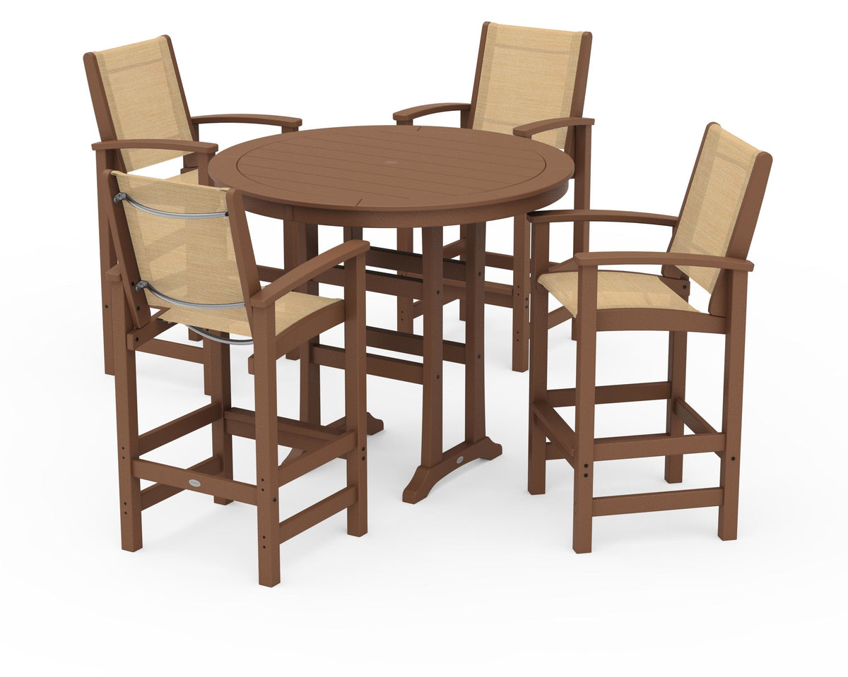 POLYWOOD Coastal 5-Piece Nautical Trestle Bar Set in Teak / Dupioni Apricot