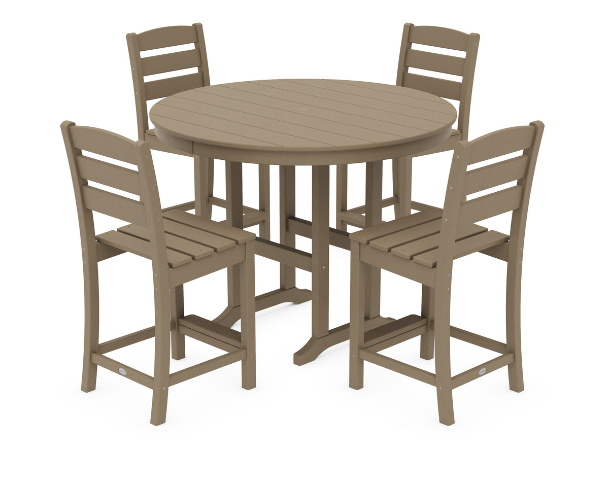 POLYWOOD Lakeside 5-Piece Farmhouse Round Side Chair Counter Set in Vintage Sahara